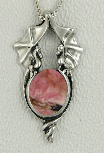 Sterling Silver Proud Pair of Dragons Pendant With Rhodocrosite